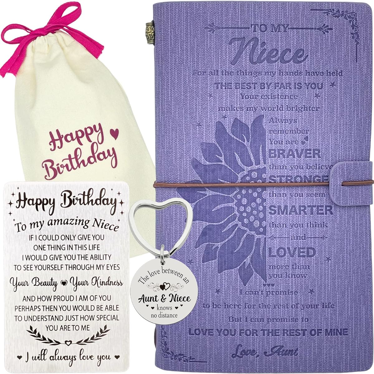 Happy Birthday Niece Birthday Card, Niece Diary, Niece Keychain, Niece Birthday Gift from Niece, Niece Leather Handwritten Journal, 140 Pages Refillable Notebook, Niece Gift from Aunt