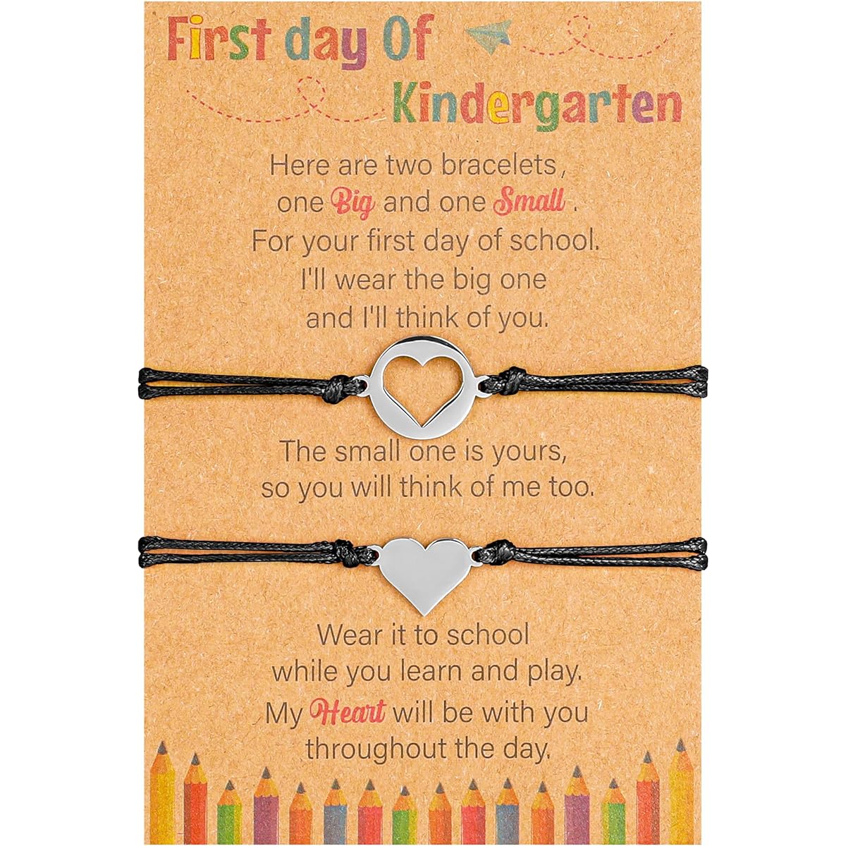 First Day of Kindergarten Bracelets Back to School Bracelets Mommy and Me Bulk, Black Matching Heart Wish Bracelets for Kindergarten Adjustable Bracelets Mother Daughter Girl Boy Gift Stuff Supplies, 11 Inch, No Gems.