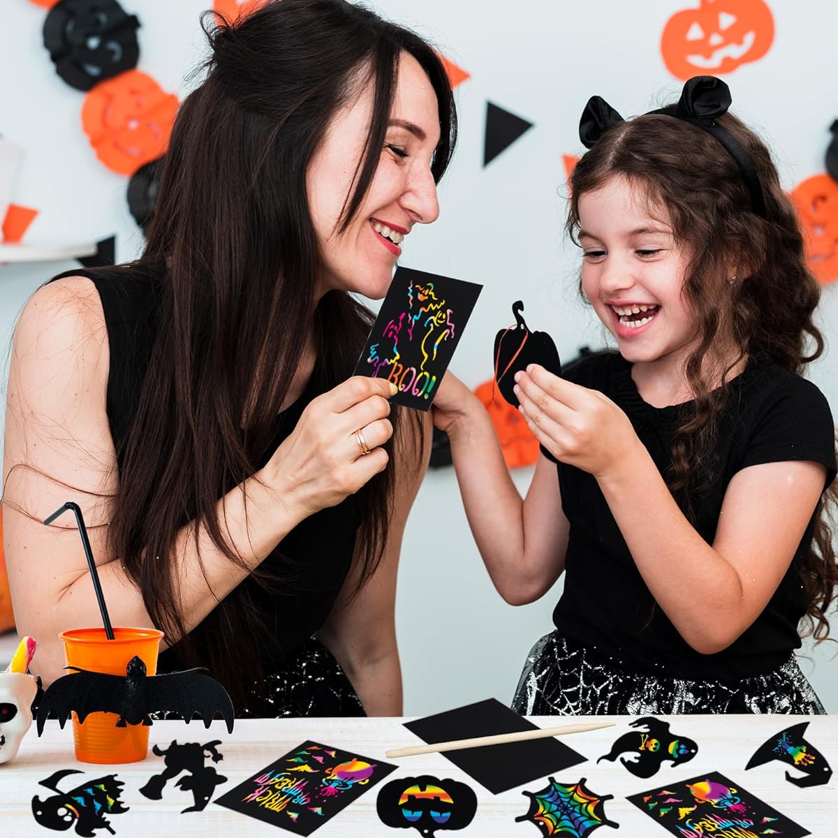 OuMuaMua 77 Pieces Halloween Scratch Art for Kids - Rainbow Scratch Paper Arts & Crafts Kit Pumpkin Ghost Zombie Witch Scratch Art Hanging Ornament Halloween Birthday Kids Activity Gift
