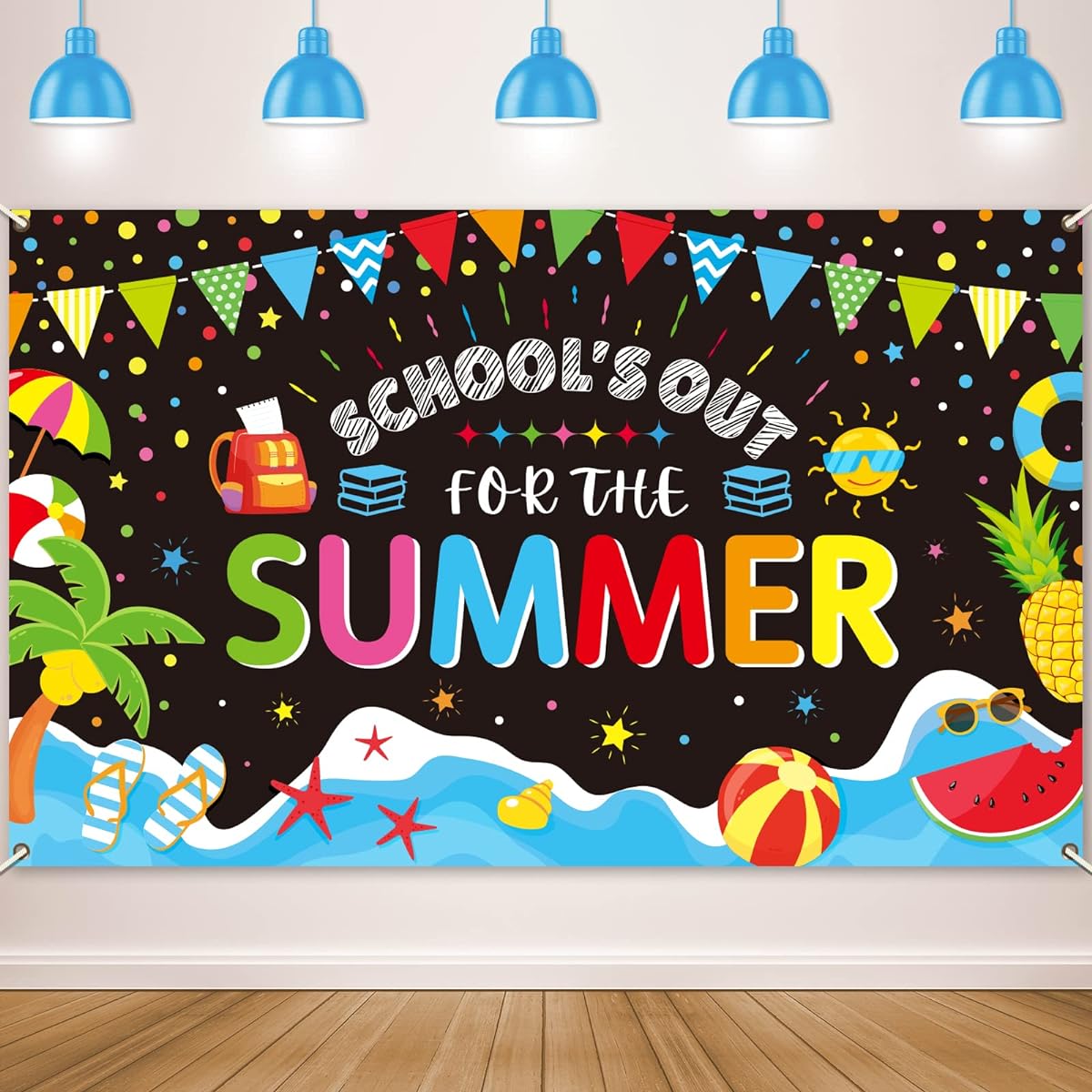 End of School Year Theme Backdrop for Kids, Classroom Summer End of School Year Theme Banner, Tropical Beach Pool Birthday Party School Photo Booth Props Summer Supplies Decorations