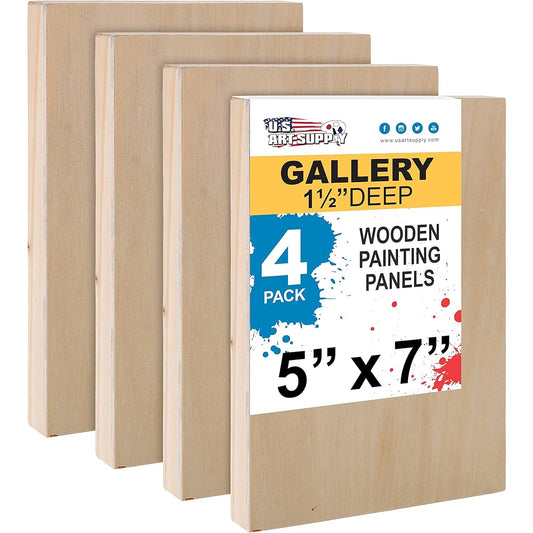 U.S. Art Supply 5 x 7" Birch Wood Paint Poured Panel Board Gallery 1 1/2" Deep Cradle (Pack of 4) - Artist Depth Wooden Wall Canvas - Mixed Media Craft Acrylic Oil Enthusiasm