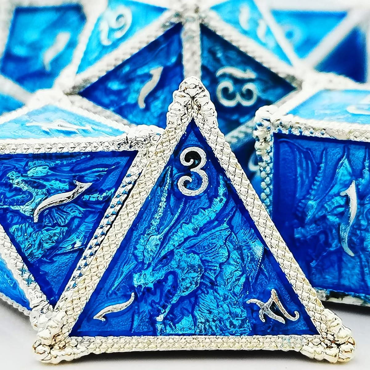 HAOMEJA Metal Dragon Dice Set DND 7 Piece Role Playing Dice D&D Dungeons & Dragons (Silver Blue)