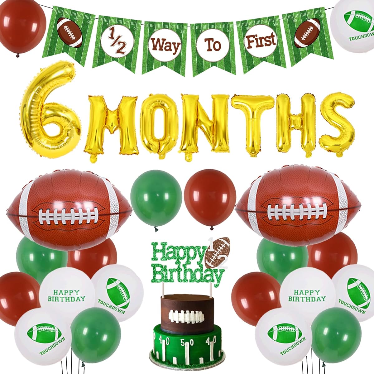 Football Half Birthday Decorations - Football 6 Month Birthday Party 1/2 Year Old Birthday Football Decoration Banner Green Coffee Balloons Happy Birthday Cake Topper 6 Month Foil Balloons for Boy's Birthday