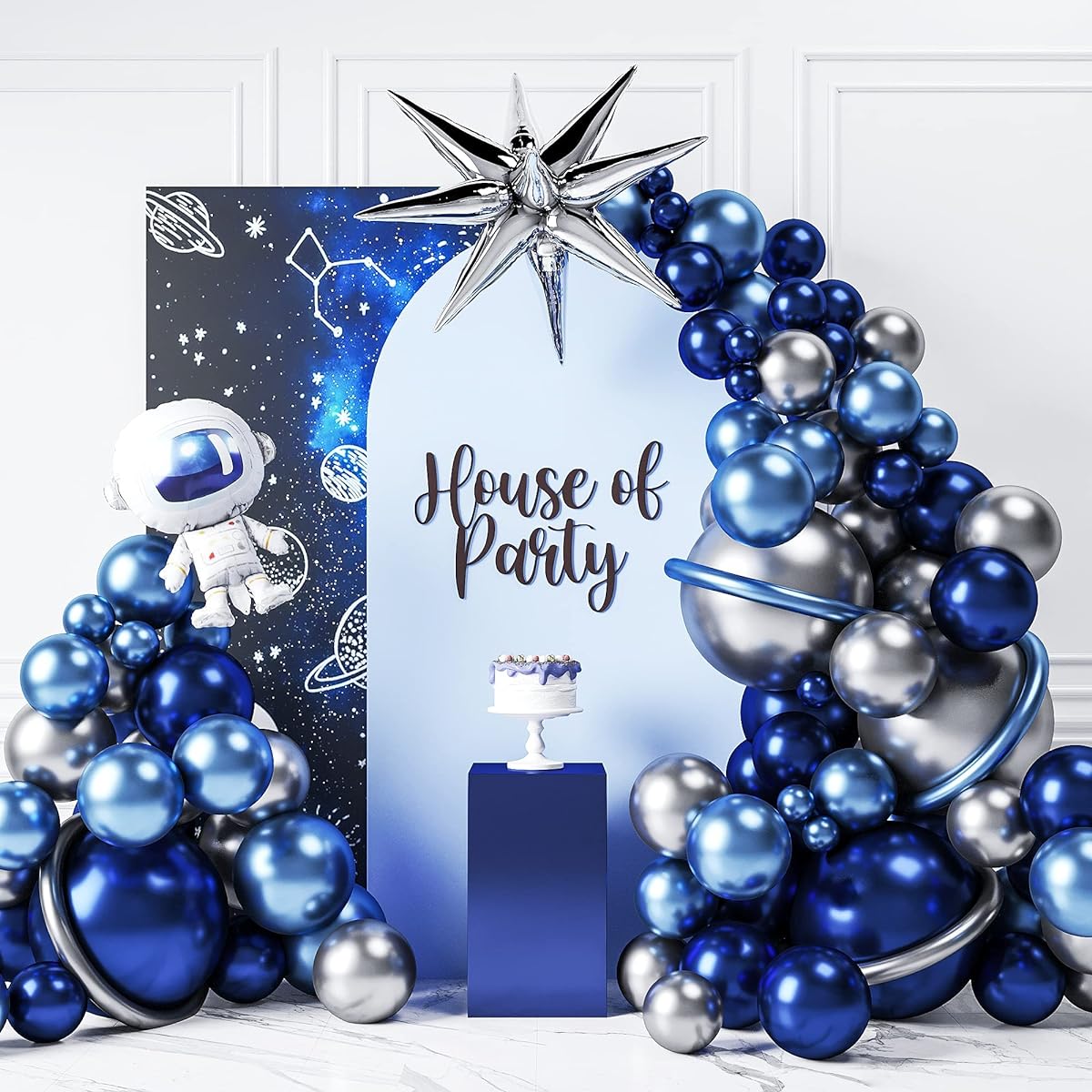 HOUSE OF PARTY Astronaut Space Balloon Garland Kit - 123 Pieces Pearl Midnight, Chrome Blue, Silver Space Balloons, Galaxy Balloon Garland Kit & 36 Inch Astronaut Foil Balloons | Space Birthday Decorations