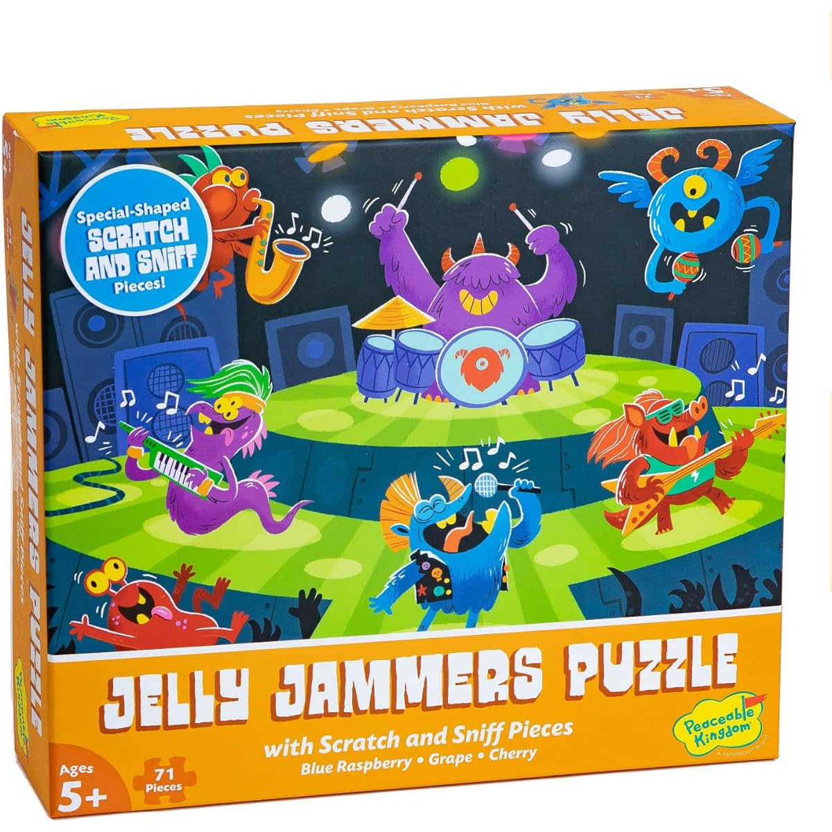 Peaceable Kingdom Scratch & Sniff Puzzle - Rock Monsters Jelly Jammer - 71 Piece Sensory Puzzle for Ages 5 and Up - Blue Raspberry, Grape and Cherry Scents - Great for the Classroom