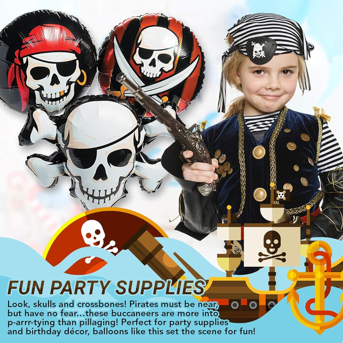 Fun Express Pirate Mylar Balloon Set | 3 Pieces | Party Decorations Perfect for Themed Birthday or Halloween Parties