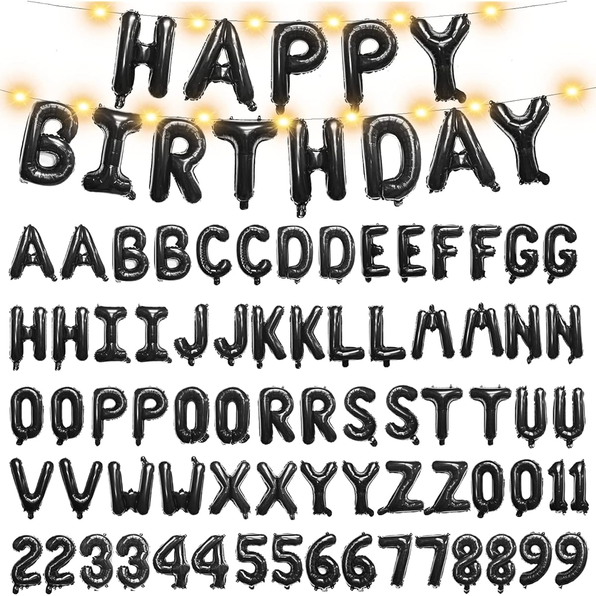Personalized Happy Birthday Balloon Letters DIY Custom Name Birthday Banner Kit 2 Sets A- Z & 0-9 16" Letters and Numbers with 2 Ropes and 2 LED Lights for Dad Father's Day Party Decorations Black