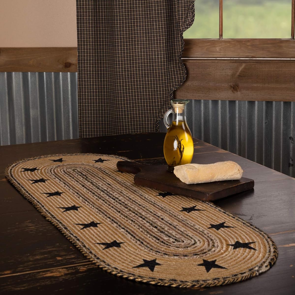 VHC Brands Kettle Globe Jute Runner Stencil Star Border 13x36 Primitive Country Woven Kitchen Tabletop Design Caramel Brown