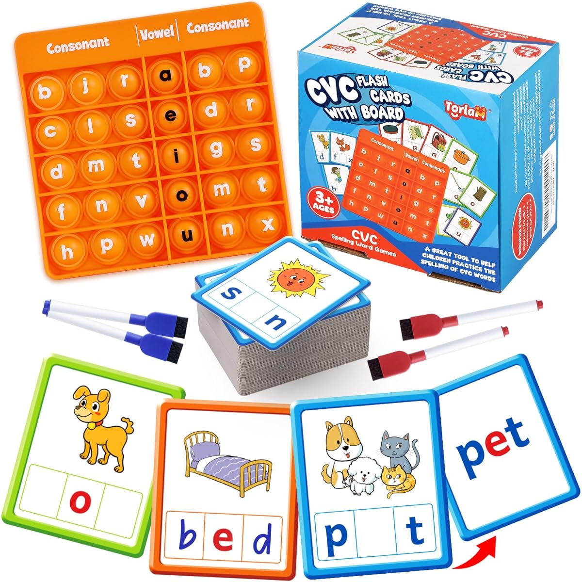 Torlam CVC Word Games Phonics Games Sight Words Flash Cards Spelling Reading Learning Flash Cards Fidget Pop Board Speech Therapy Toys Preschool Classroom Homeschool Supplies