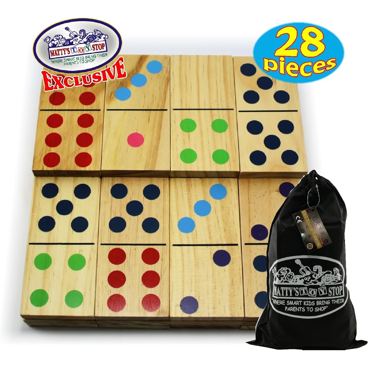 Matty's Toy Stop Deluxe Giant Wooden Dominoes Double Six (13cm ) Colour Dot, 28 Piece Set with Storage Bag