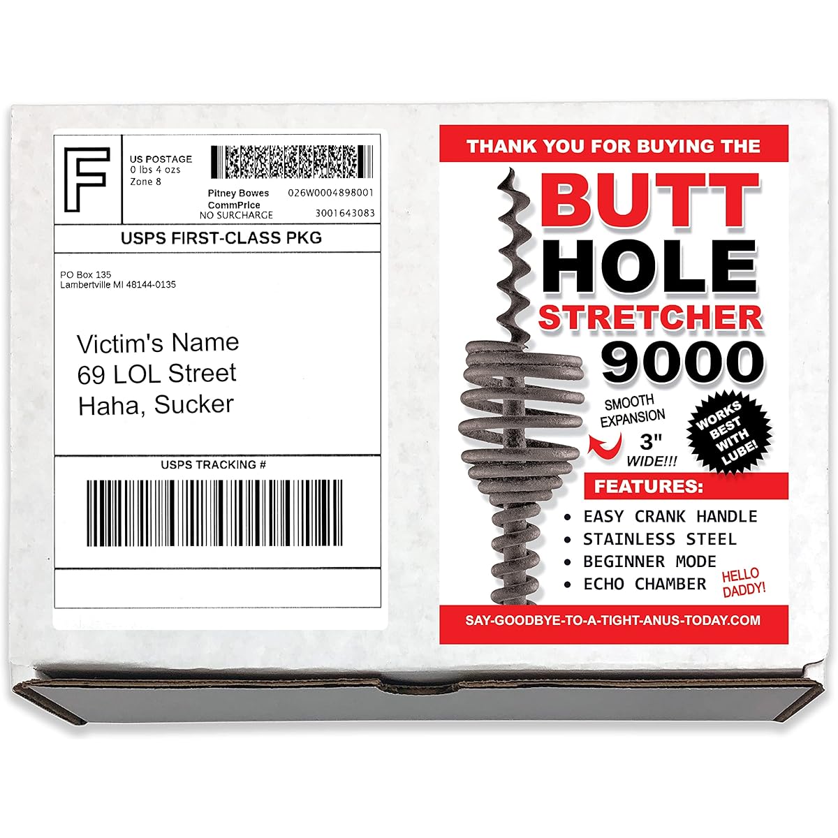 Design Doggie Hilarious Prank Mail Butt Stretcher 9000 Funny Gag Gift Box Mail Pranks Sent to Loved Ones/Victims 100% Anonymous