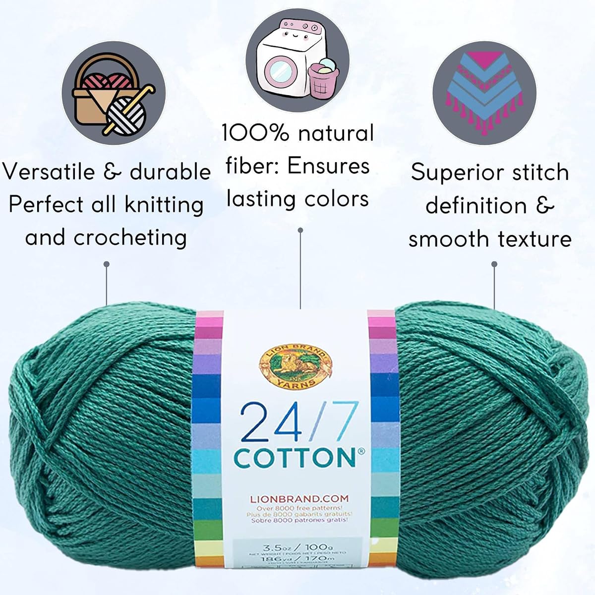 Lion Brand 24/7 Cotton Yarn Jade 761-178 (6 Skeins) Same Dyed Lot Worsted Medium #4 Soft Knitting Yarn Crochet 100% Cotton Bundle with 1 Artsiga Craft Bag