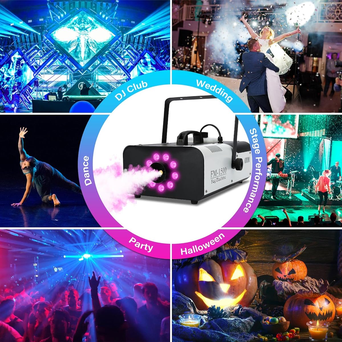 TCFUNDY Fog Machine with Light 1500W Smoke Machine 9 RGB LED Lights for DJ Halloween Wedding Party Stage with Remote Control
