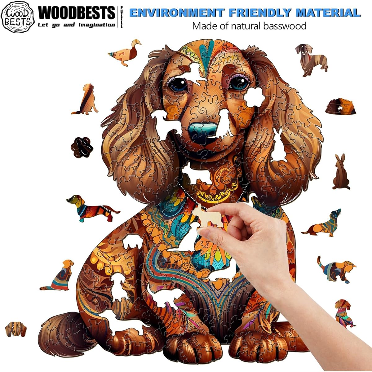 WOODBESTS Wooden Puzzle for Adults - Long Hair Dachshund Puzzle Large 260 Pieces 11.7" x 13.3" Beautiful Wooden Box Wooden Jigsaw Puzzle Unique Shape Birthday Gift for Adults and Kids Family Game