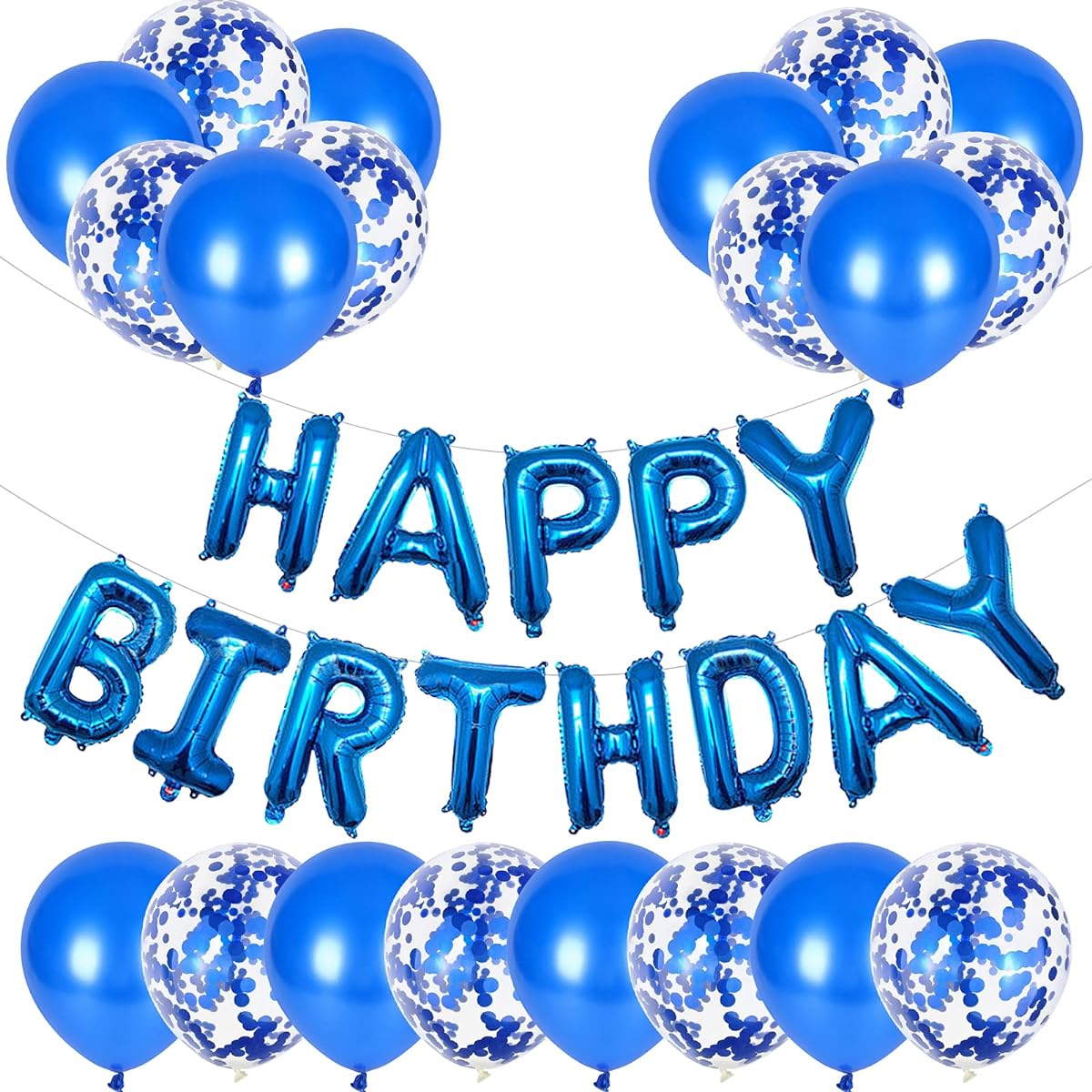 Happy Birthday Banner, Blue Balloon Decoration, 20 Pack Balloons include Blue Latex balloons x10, Blue Confetti Balloons x10, and 16inch "Happy Birthday" Foil Balloons, for Boys, Girls, Women Party