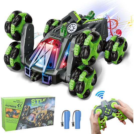 RC Stunt Car for Boys Ages 12+ 2.4G RC Drift Stunt Car 360 Degree Rotation Remote Control Car for Kids with 2 Batteries & Spray & LED Lights Birthday Gift for Kids(Green (6 Wheels))