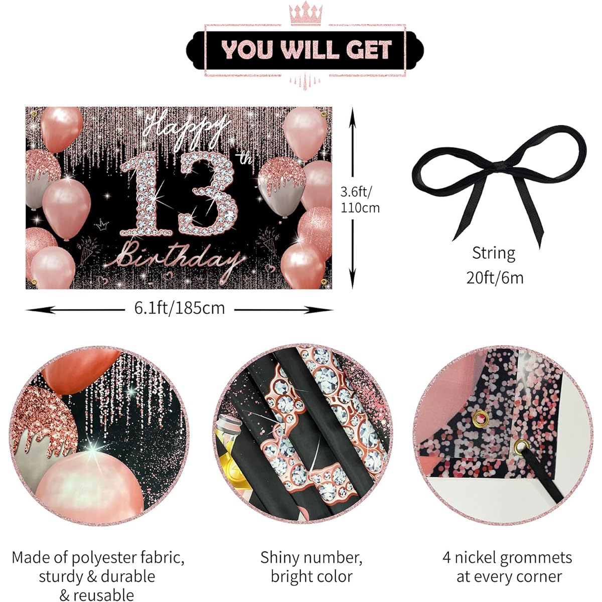 PHXEY 13th Birthday Decorations Banner Backdrop Happy 13th Birthday Decor for Girls Rose Gold Official Teenager 13th Birthday Party Photo Sign Poster Fabric