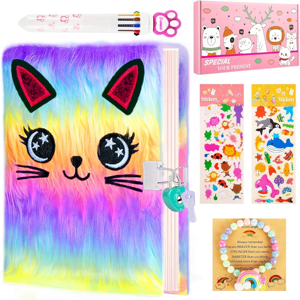 Cute Cat Girl's Diary with Lock and Key Kit - Cat Diary Secret Notebook Journal for Girls Christmas Gift - Cute Stationery School Supplies Colorful Pen Bracelet Gemstone Stickers Gift Package