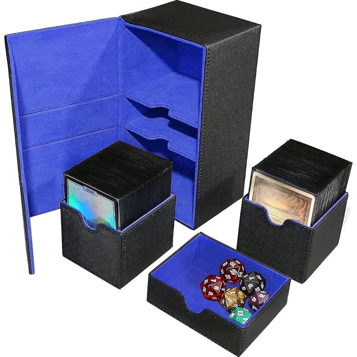 Scimi XL Premium Double Deck Box for 200+ Sleeve Cards Pro Twin Flip Deck Case with 3 Trays Compatible with MTG/TCG/CCG Black/Blue