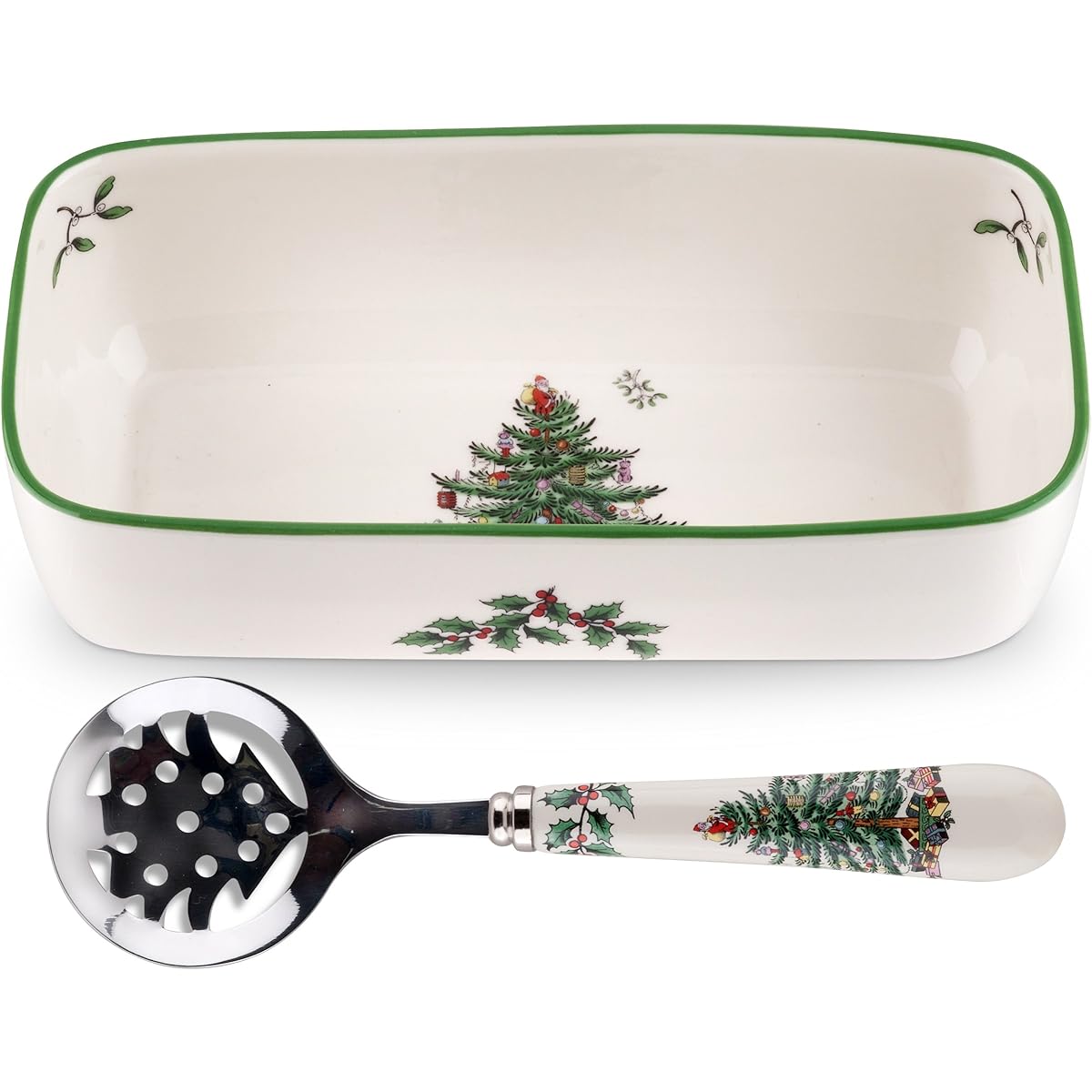Spode Christmas Tree Cranberry Bowl with Slotted Spoon by Spode