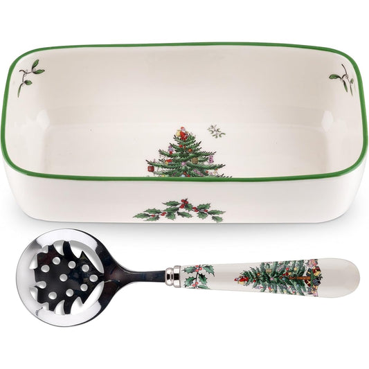 Spode Christmas Tree Cranberry Bowl with Slotted Spoon by Spode