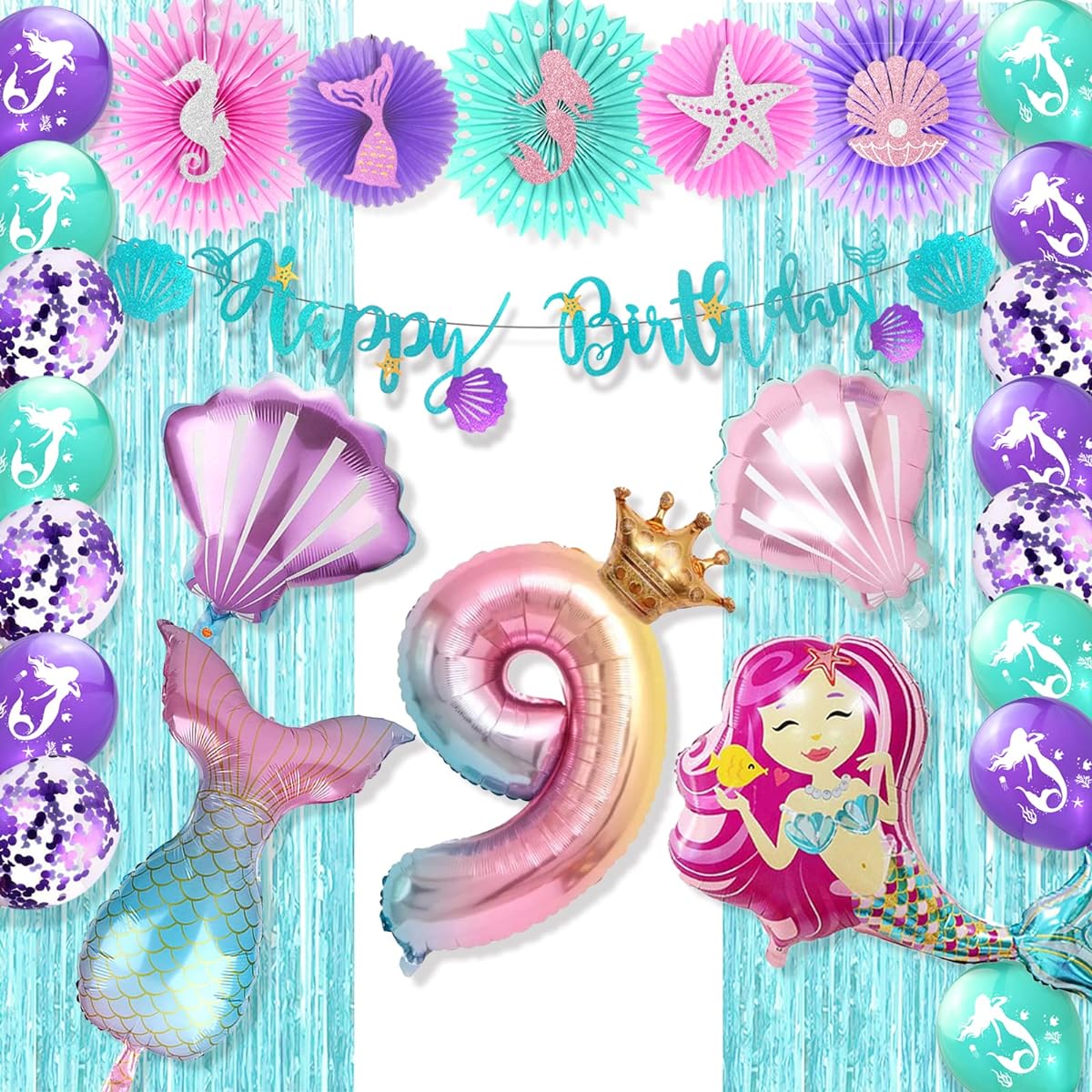 id Party Decorations for 9 Years Old, Mermaid Birthday Decorations, 9th Birthday, Mermaid Birthday Party Supplies, Number 9 Foil Balloon, Mermaid Tail Balloon, Mermaid Happy Birthday Banner, Fringe Curtains Under the Sea, Paper Fans, Cute Mermaid Cutouts