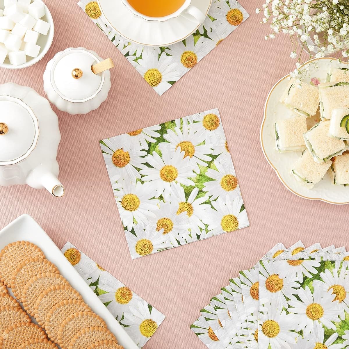 100 Pack Decorative Daisy Floral Paper Napkins 6.5 Inch Wedding Party Supplies