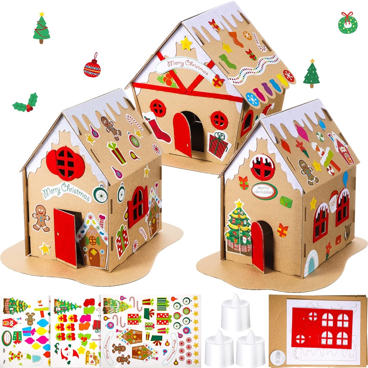9 Sets Christmas Gingerbread House Kit Kids Christmas Craft Kit Cardboard Gingerbread House Decor Christmas Craft House Make a Gingerbread House Holiday Crafts for Christmas Party DIY Craft Supplies