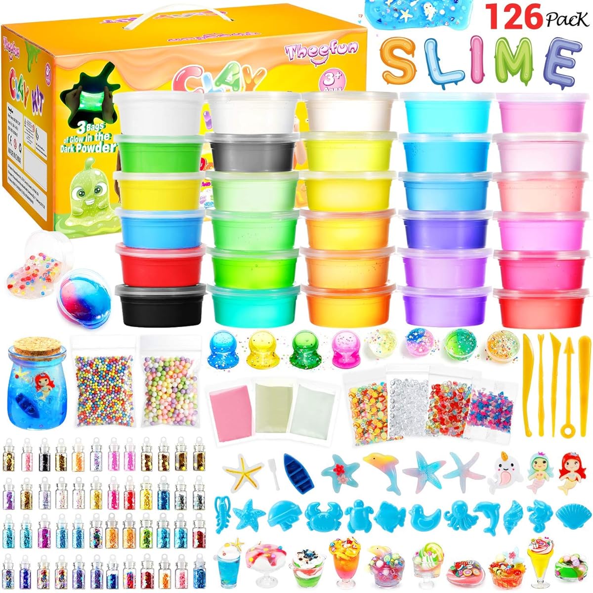 Slime Kit, Glow in the Dark DIY Slime for Kids, Theefun Art Craft Toy 126 Pieces Slime Supplies 24pcs, 6pcs Clay, 48pcs Glitter Powder, Best Gift Toy for Girls and Boys
