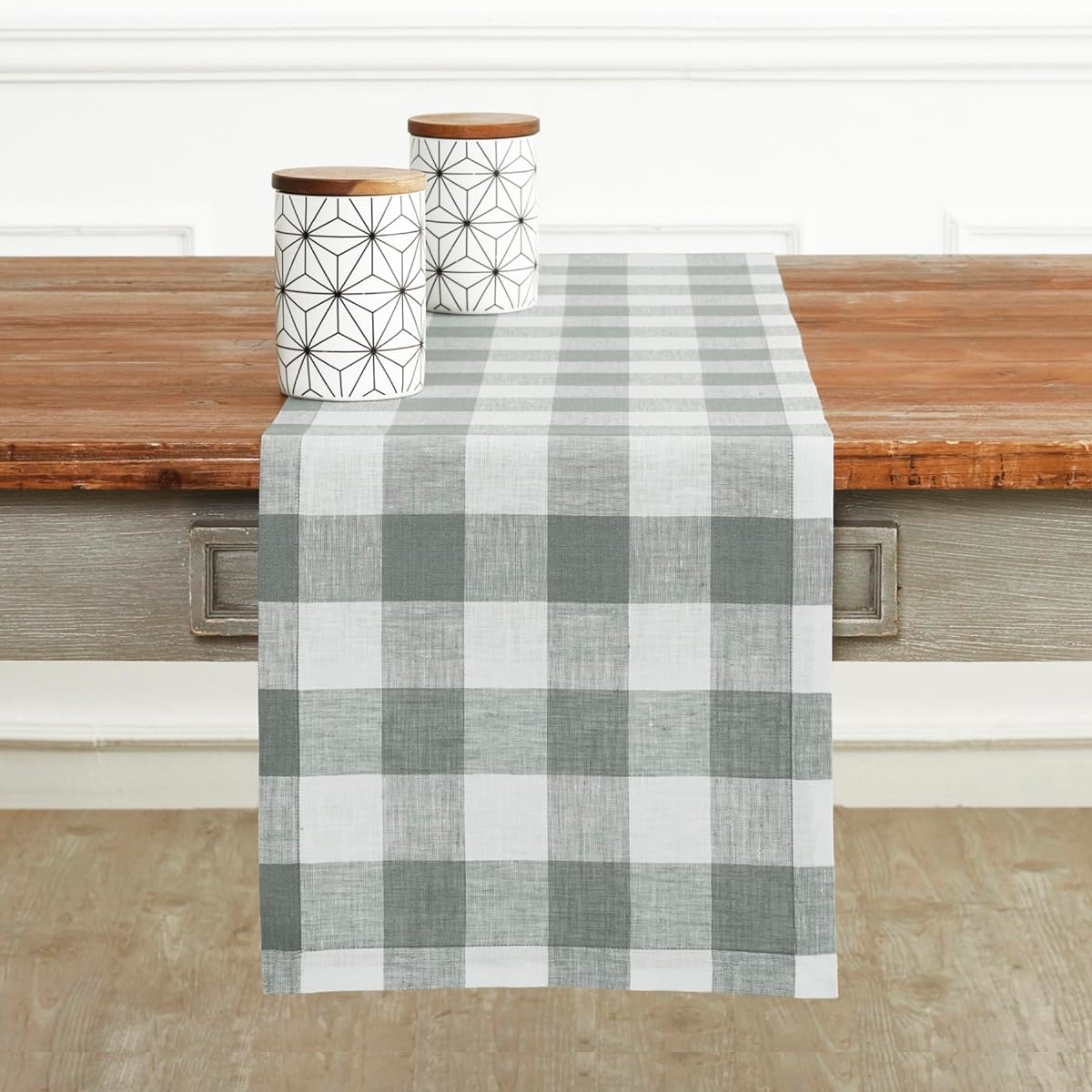 Solino Home Buffalo Check Fall Table Runner - 14 x 120 inches long Gray and White - European Flax 100% Pure Linen Plaid Table Runner - Handmade and Machine Washable