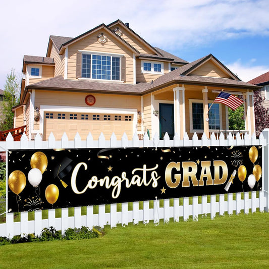 Arosche Graduation Banner Decoration Large 120" x 20" with 24 Balloons Graduation Gift 2023 Graduation Banner Class Yard Sign Party Decoration School College Indoor Outdoor Yard Lawn Yard Decoration (Black)
