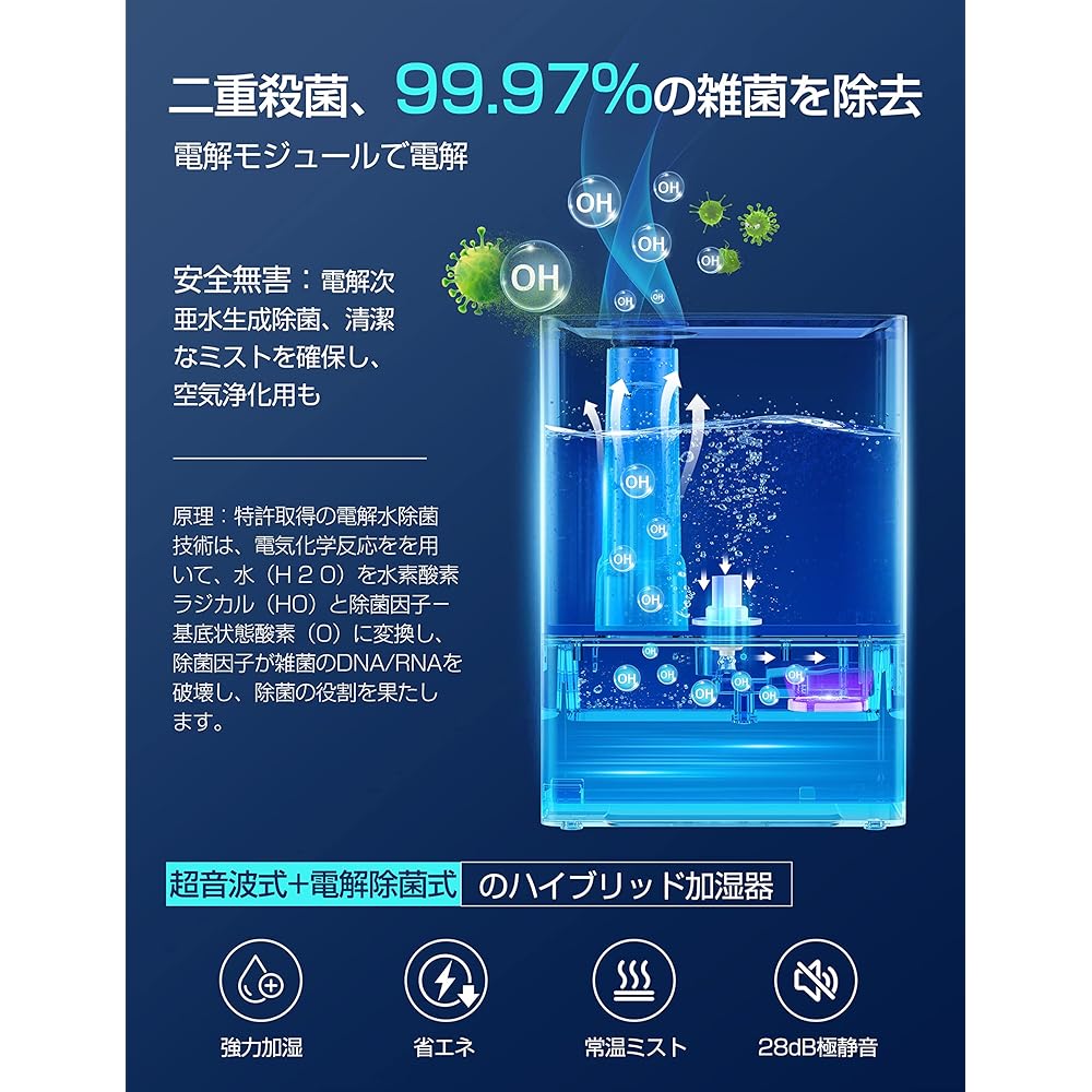 VAGKRI Humidifier Electrolytic Humidifier, Ultrasonic Type, 28 dB Ultra Quiet, Tabletop Humidifier, Water Supply, 50 H Continuous Operation, LED Light, Timer, Aroma, Hypochlorous Acid Water