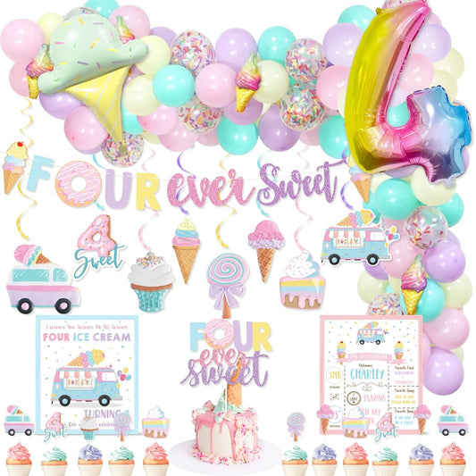 4th Birthday Party Balloon Arch Garland Decorations Set,Four Ever Sweet Banner Hanging Swirl Cake Cupcake Toppers,Number 4 Foil Balloons Summer Ice Cream Theme Girl 4th Birthday Party Supplies