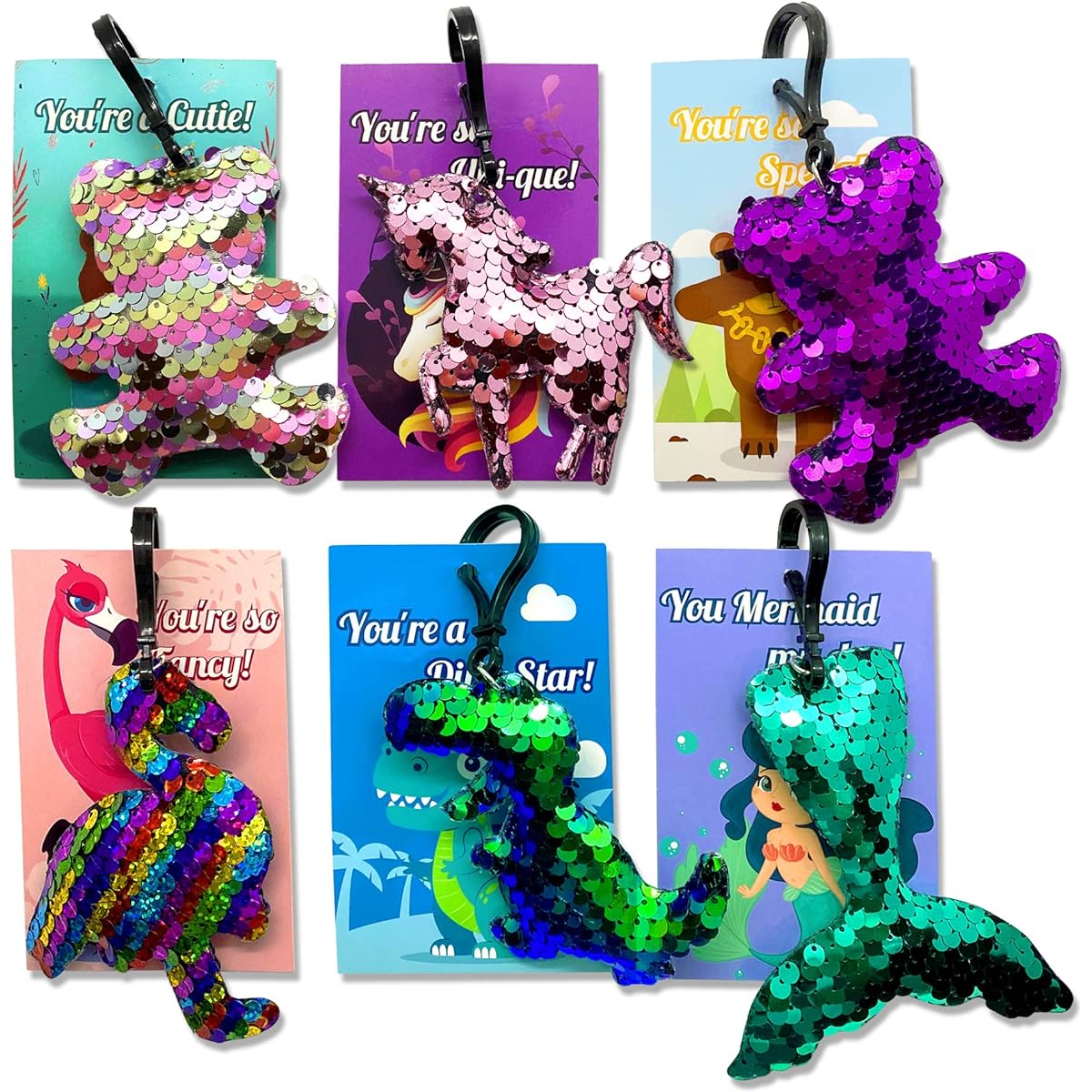 24 Pack Valentine's Day Gift Set Kids Party Favors, 48 Valentine's Day Cards with Sparkly Sequin Keychains, Valentines Classroom Exchange School Prizes