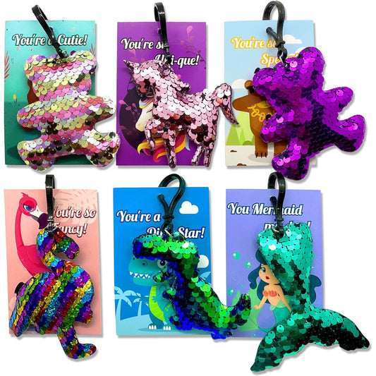 24 Pack Valentine's Day Gift Set Kids Party Favors, 48 Valentine's Day Cards with Sparkly Sequin Keychains, Valentines Classroom Exchange School Prizes