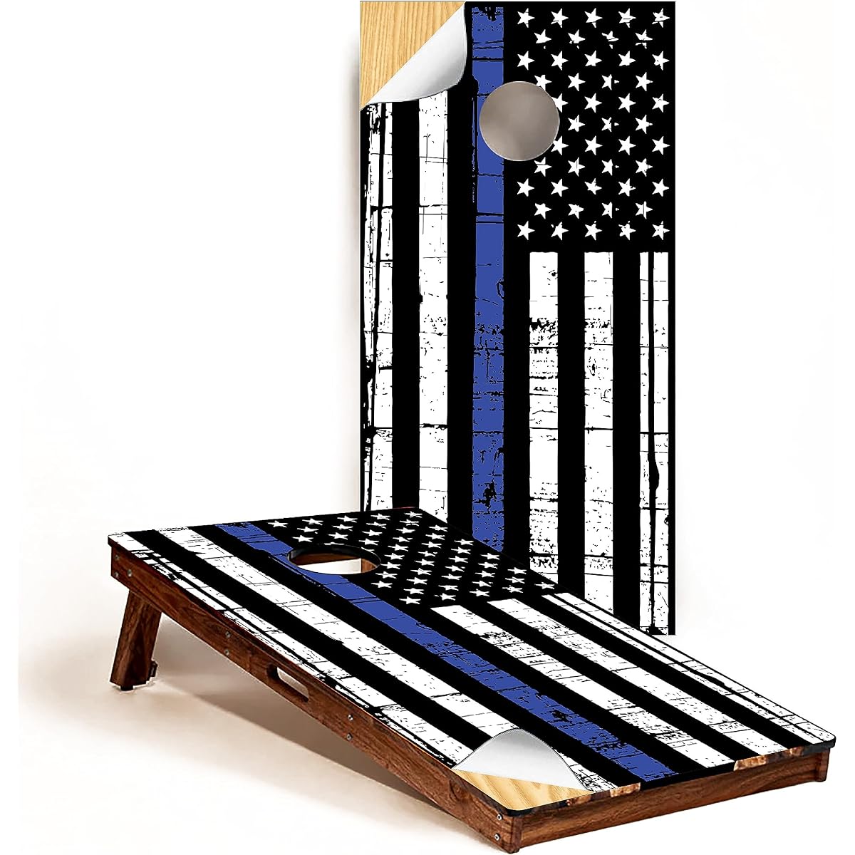 GRAPHIX EXPRESS - C295 Police Distressed American Flag - Patriotic Cornhole Board Wraps - Laminated Waterproof Vinyl Decal - Bubble Free Application - Sticker Dimensions: 2' x 4' - Set of 2