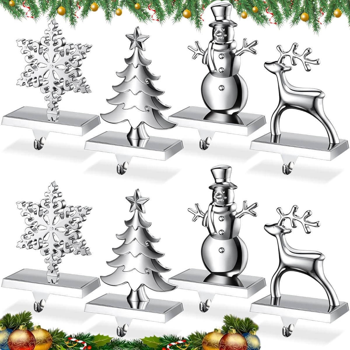 Therwen Set of 8 Christmas Stocking Holders Fireplace Stocking Hooks Snowman Snowflake Christmas Tree Deer Christmas Stocking Hooks for Christmas Decorations Mantel Stairs Party (Chic)