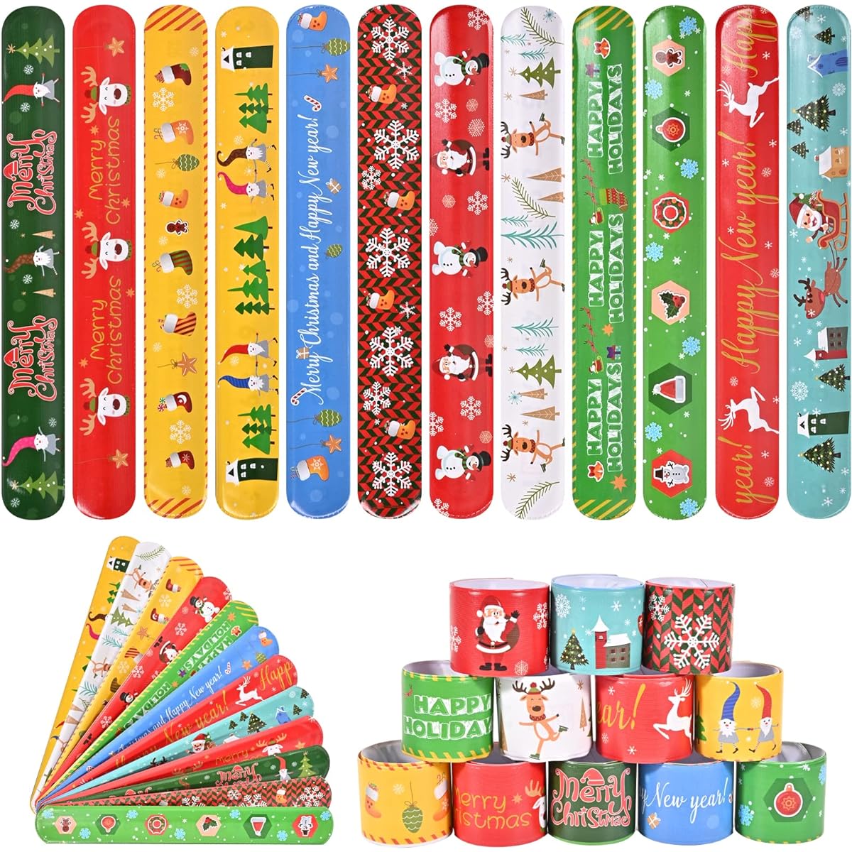 Christmas Slap Bracelets, 48 Pieces Christmas Snap Bracelets, Snatta Claus Reindeer Wristbands, Party Favors, Gift Bags, School Giveaways