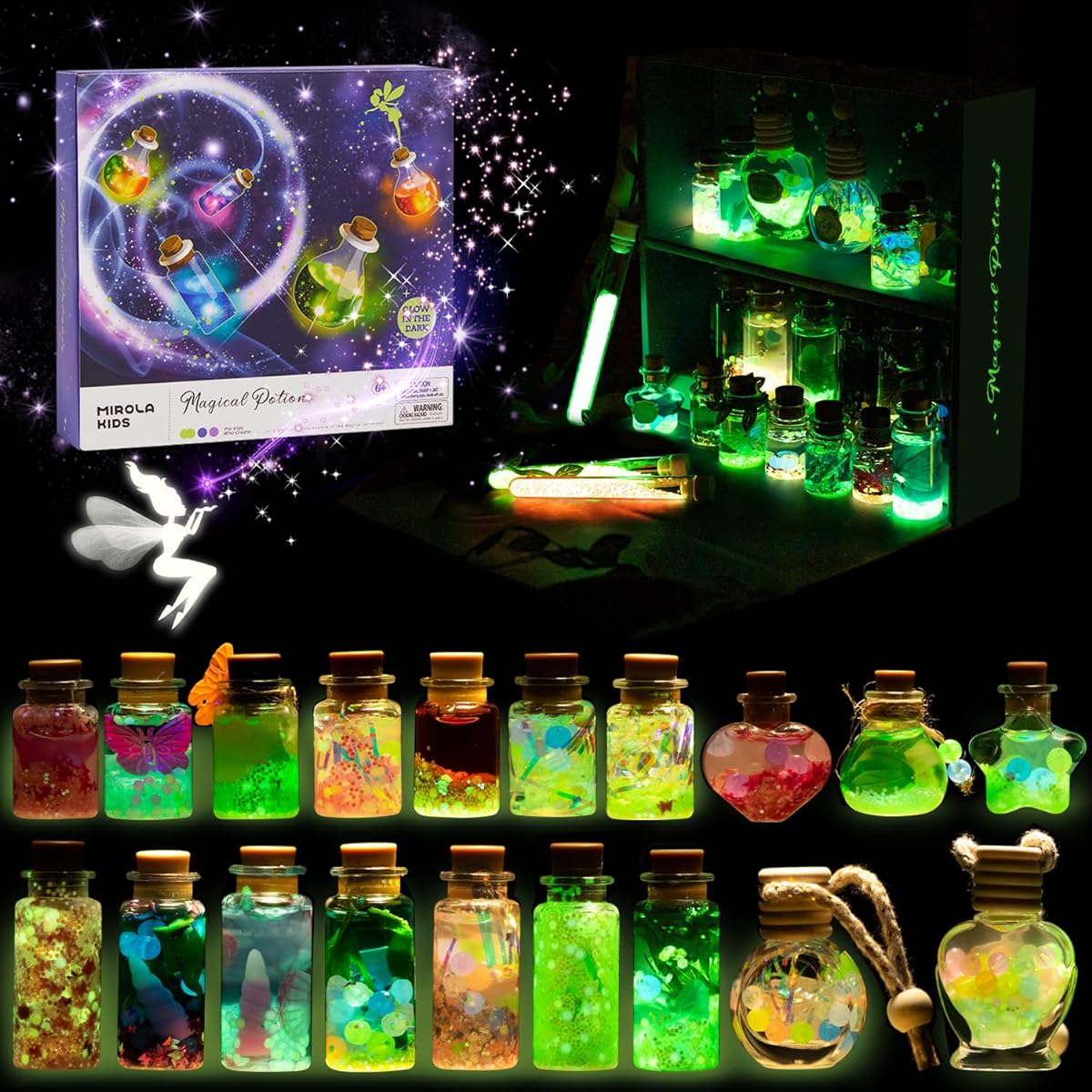 MIROLA KIDS Fairy Magic Potion Kit, Glow in the Dark Magic Mix 21-Piece Kit, Girls DIY Creative Craft Kit with Sparkly Decorations, Ages 6 7 8 9+