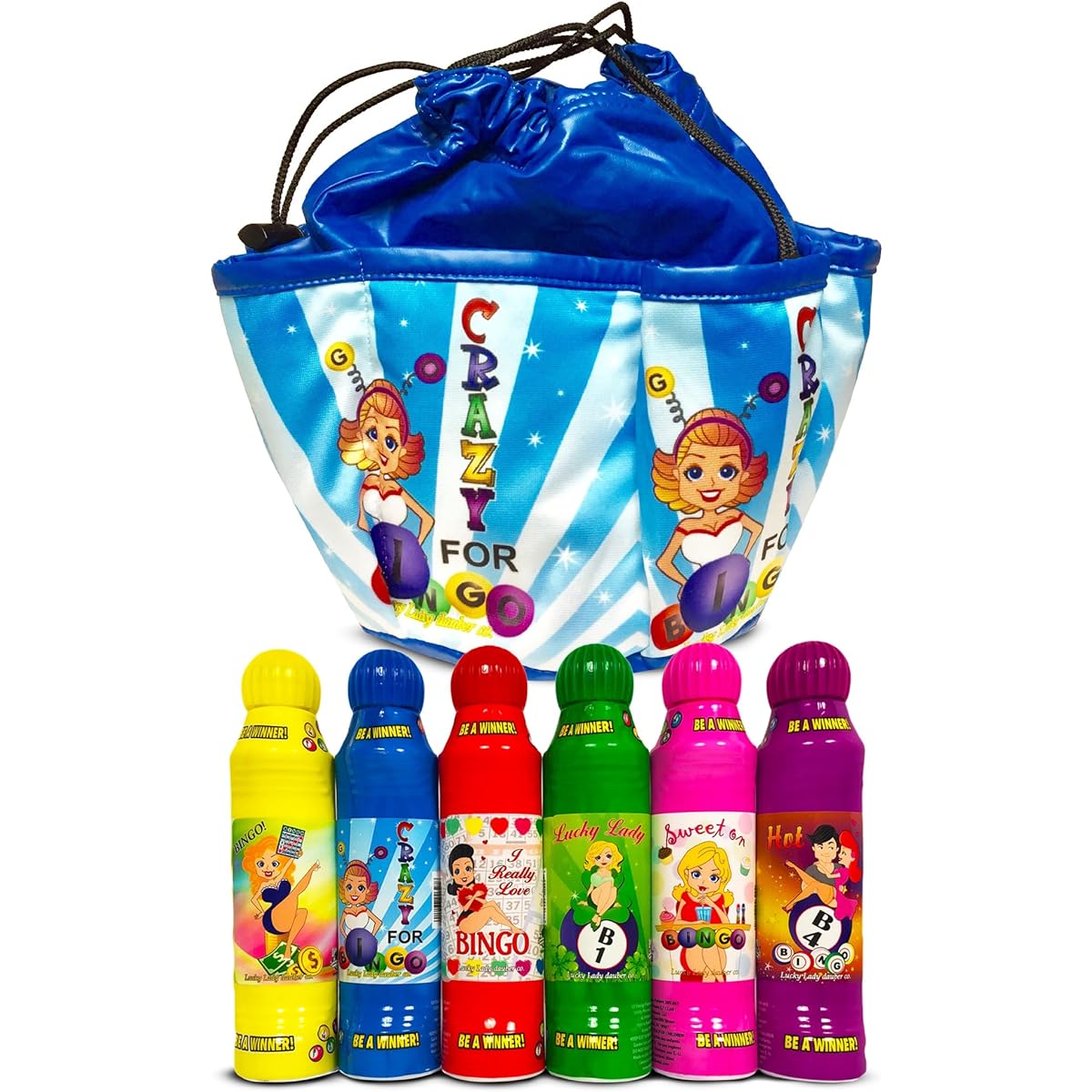 Lucky Lady Blue Bingo Bag "Go Crazy for Bingo" with 6 Pack Bingo Daubers