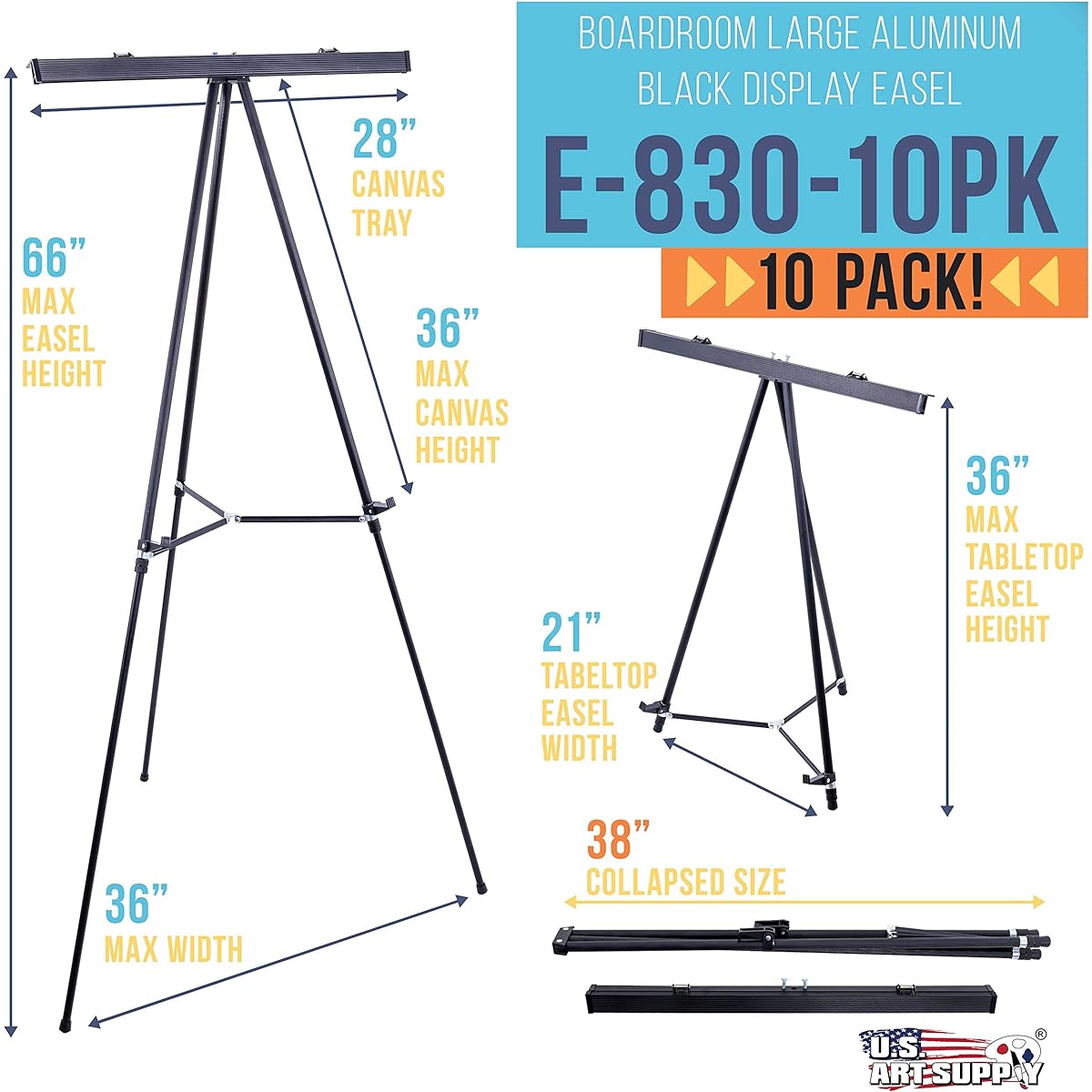 U.S. Art Supply 66" Boardroom Black Aluminum Flipchart Display Easel Presentation Stand (10 Pack) - Large Adjustable Floor and Tabletop Portable Tripod, 25 lb Writing Pad, Poster Storage