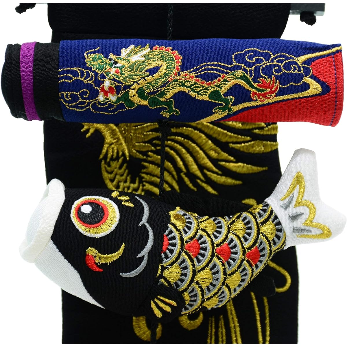 Indoor carp streamer set with stand, crepe hanging carp decoration, hanging decoration, height approx. 52 cm, tapestry included (gold and black phoenix)