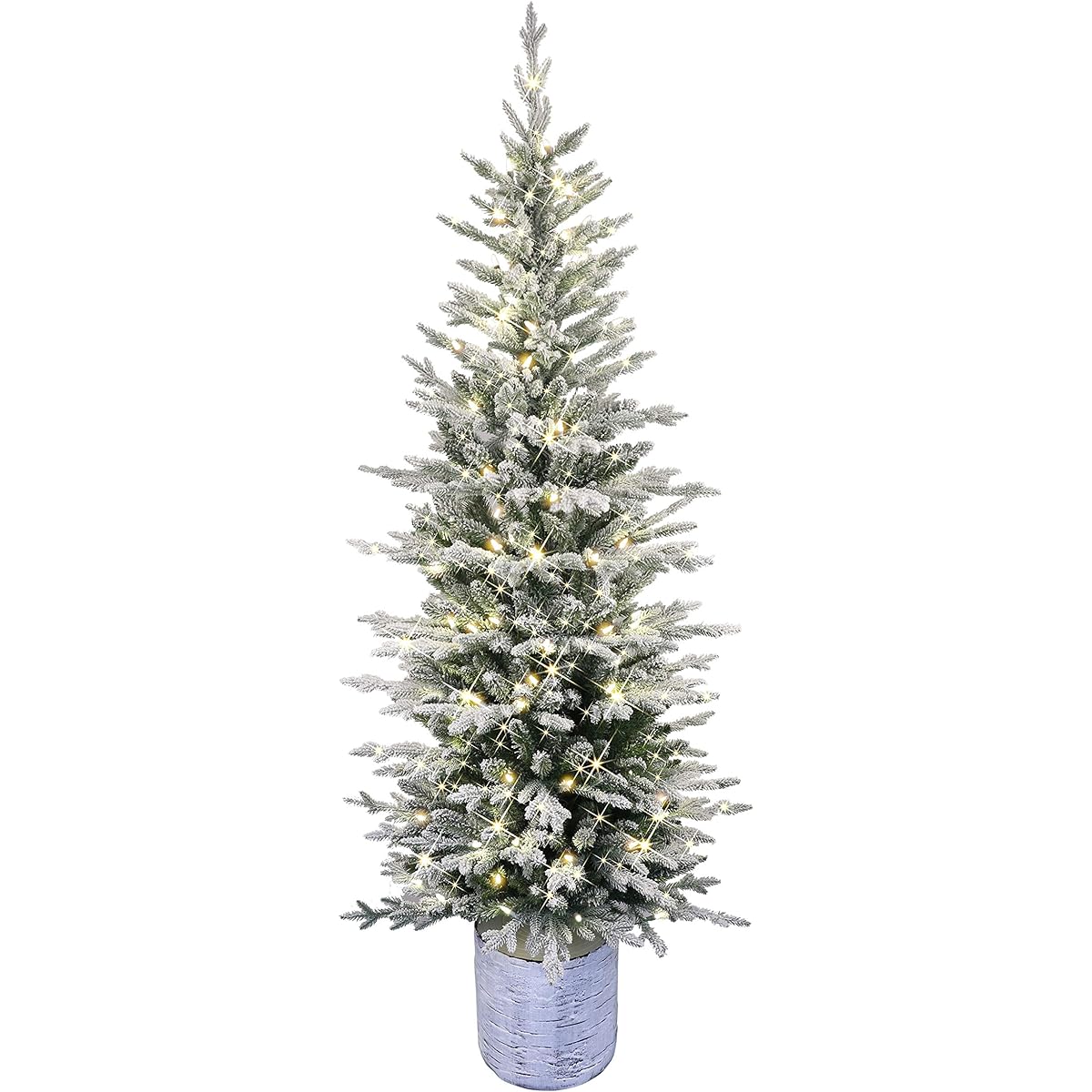 Puleo International Pre-Lit Potted Flocked Arctic Fir Pencil Artificial Christmas Tree, Green, 301-PTO9760-60LW120