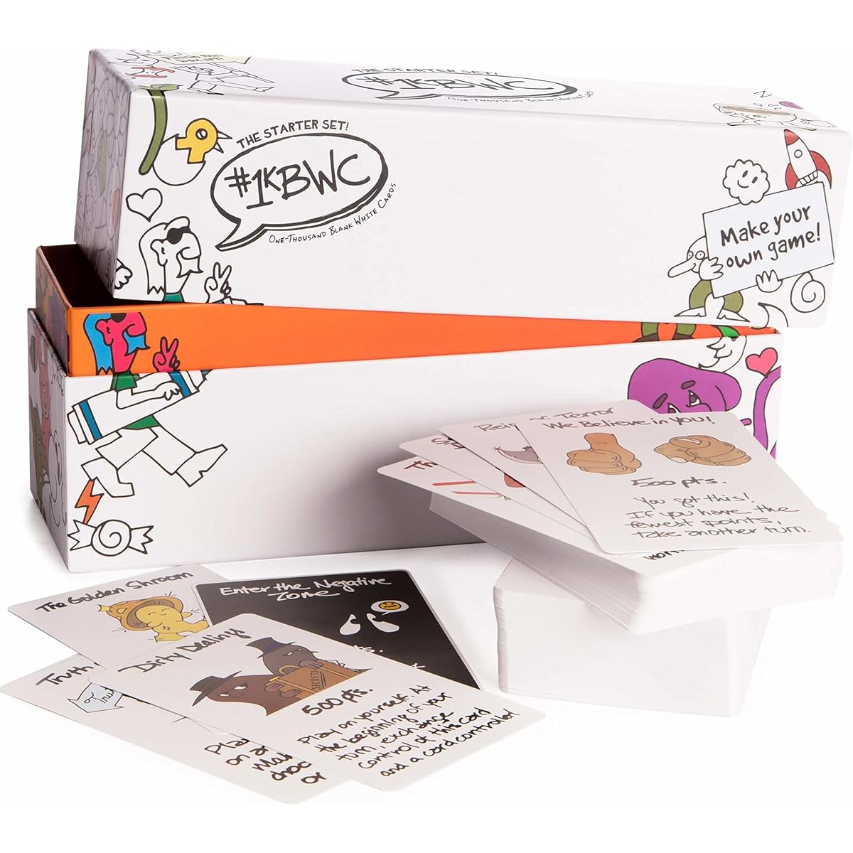 Brybelly 1000 White Card Game Starter Set - 1KBWC Create Quirky and Imaginative Party Games for Adults and Families - 300+ Card Packs, Deck Box - Group Board Game
