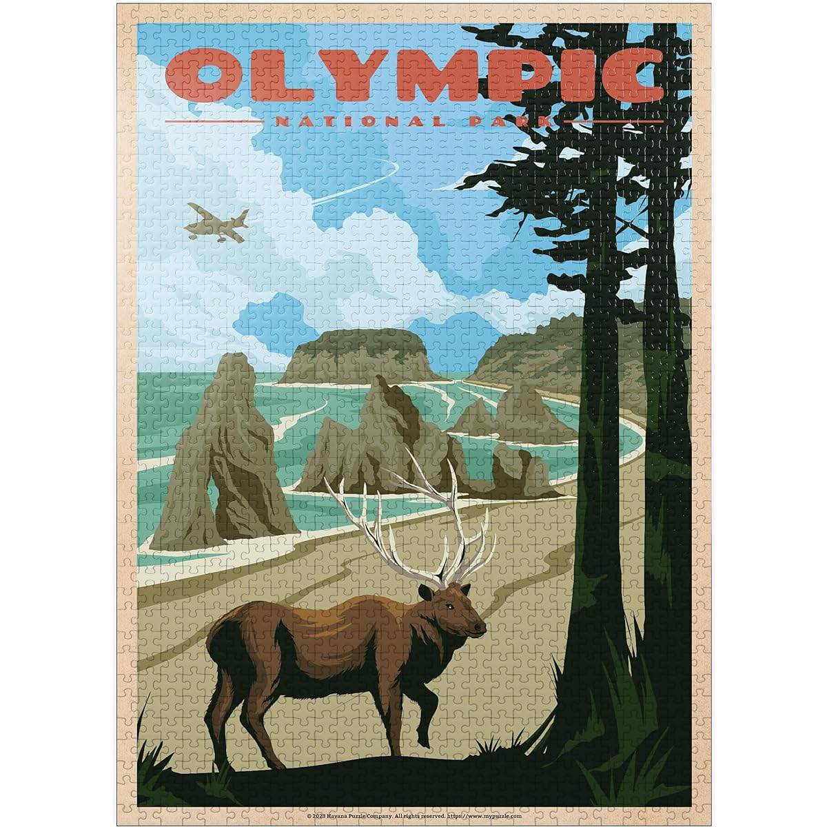 Olympic National Park - Wapiti at Ruby Beach Vintage Travel Poster - Premium 1000 Piece Jigsaw Puzzle for Adults