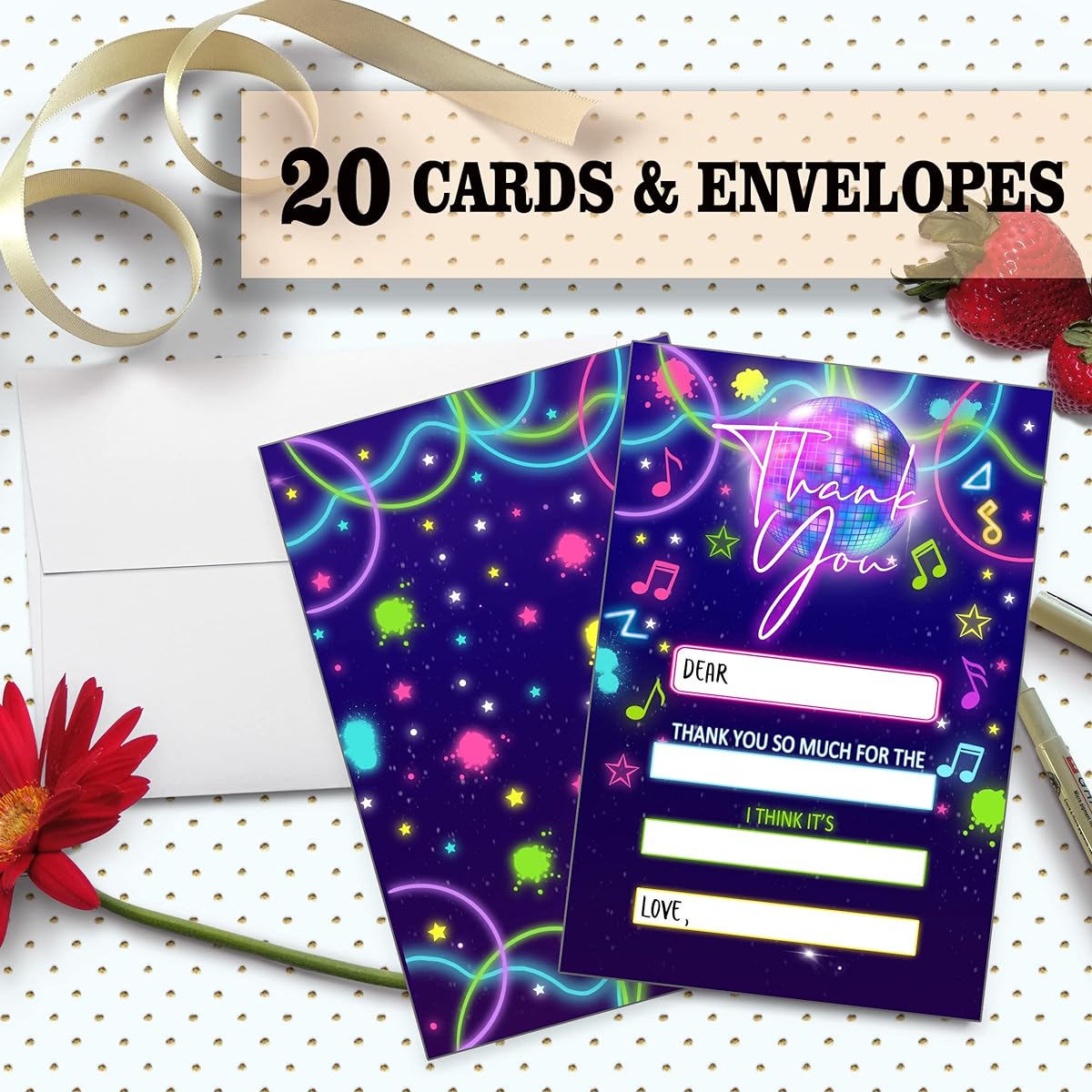 Birthday Thank You Cards, Fill in the Blank Thank You Cards for Disco Dance Theme Birthday Party Supplies Decorations, 20 Cards, 20 Envelopes (SRGXK006)