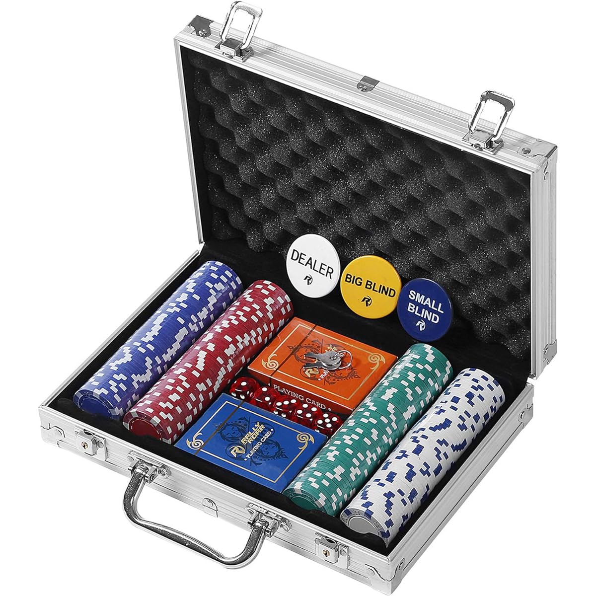 Rally & Roar Professional 200/300/500 Chips (11.5g) Poker Set with Case - 3 Options - Complete Poker Playing Game Set with Casino Style Chips, Cards, Dice, Aluminum Color Case and Key 200 Chips