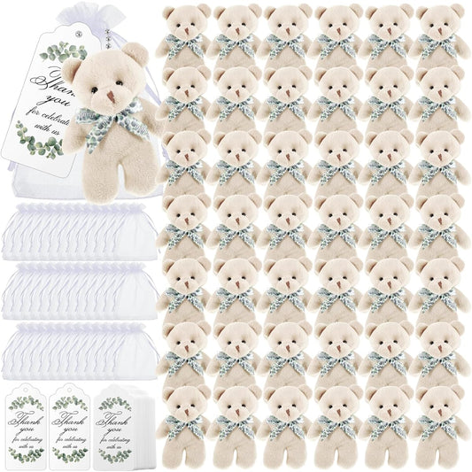 Wettarn 50 Sets Baby Shower Tiny Bears Small Stuffed Animal Bears Bulk 4.72" Mini Plush Stuffed Animals Tiny Bears Party Favors with Thank You Tags and Mesh Bags DIY Keychains for Birthday Baby Shower (White)