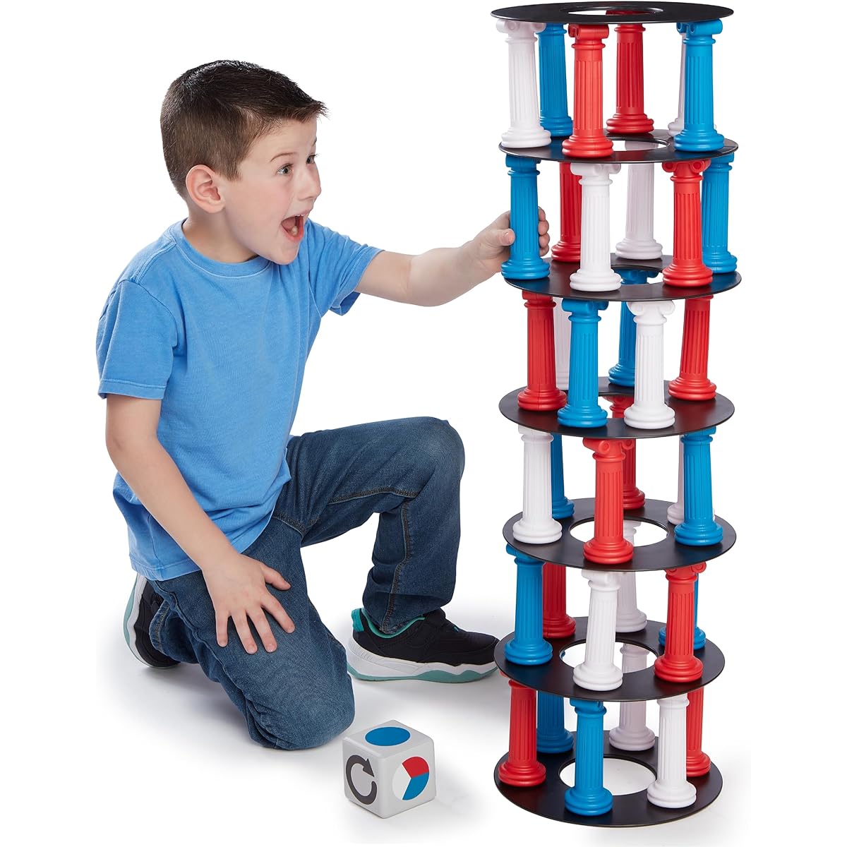 NSG Tumbling Tower Game - 36 Multi-Colored Columns, 7 Base Plates, Large Foam Dice, Travel Bag for Families, Friends, Kids, Teens, Adults, Ages 5+