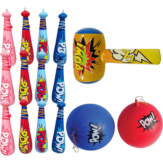 4E's Novelty Inflatable Baseball Bats (12) with Superhero Punch Balloon Balloons (12) & 30" Bopper Inflation (1) Superhero Birthday Party Favors, Party Supplies for Kids, Prizes for Boys